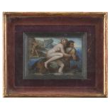 FLEMISH PAINTER, EARLY 17TH CENTURY RAPE OF DEJANIRA Oil on glass cm. 15 x 22 Ebonized small frame