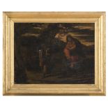 PAINTER FERRARESE, END 16TH CENTURY LANDSCAPE WITH THE FLIGHT INTO EGYPT Oil on panel, cm. 42,5 x