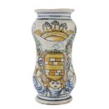 ALBARELLO IN MAIOLICA, PROBABLY NAPLES 19TH CENTURY in white and polychrome enamel, decorated with