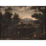 EMILIAN PAINTER, 17TH CENTURY LANDSCAPE WITH VILLAGE AND IN THE FOREGROUND WAYFARERS Oil on