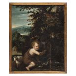 FLEMISH PAINTER, FIRST HALF OF 17TH CENTURY LANDSCAPE WITH ST. JOHN INFANT AT THE FOUNTAIN Oil on