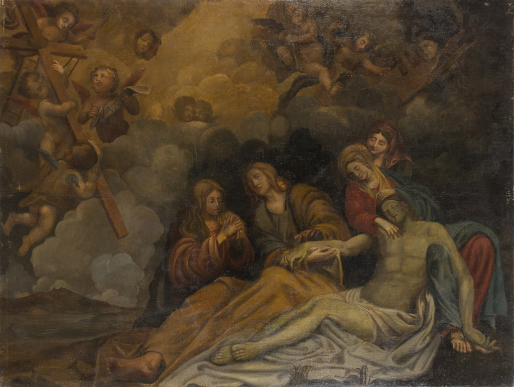 BOLOGNESE PAINTER, 17TH CENTURY LAMENTATION OVER CHRIST BY THE PIOUS WOMEN Oil on canvas, cm. 137