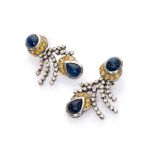 SPLENDID PAIR OF FANTASY EARRINGS in white gold 18 kts., with oval cut cabochon sapphires surmounted