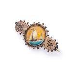 ATTRACTIVE BROOCH with mount in silver, with small round placque painted with ships. Measures cm.