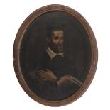 CENTRAL ITALIAN PAINTER, 17TH CENTURY PORTRAIT OF TALL PRELATE WITH BOOK Oil on oval canvas, cm.