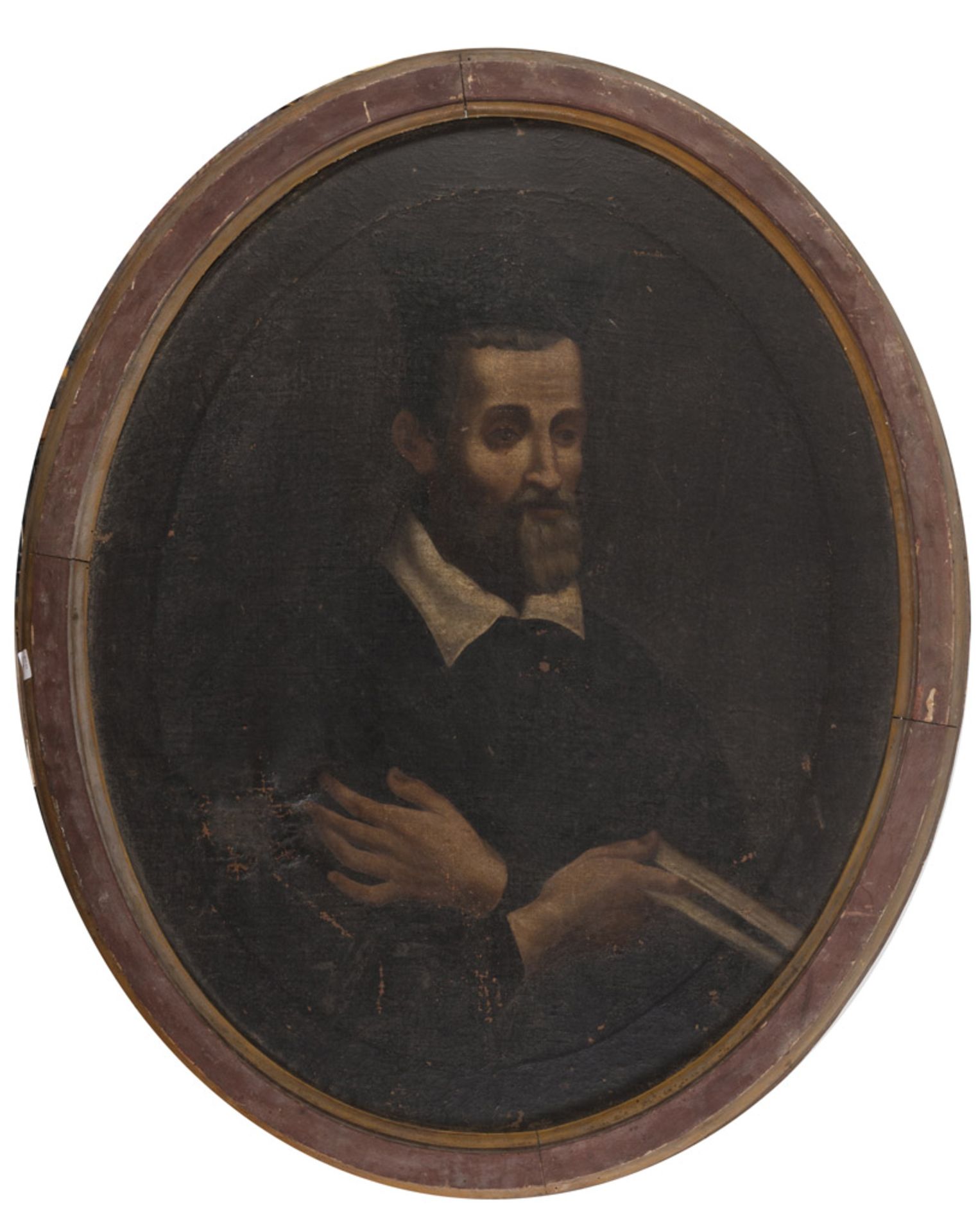 CENTRAL ITALIAN PAINTER, 17TH CENTURY PORTRAIT OF TALL PRELATE WITH BOOK Oil on oval canvas, cm.