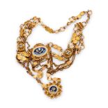 BEAUTIFUL NECKLACE in yellow gold 18 kts., chain with geometric elements, placques with enamelled