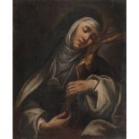 TUSCAN PAINTER, 17TH CENTURY ST CATHERINE OF SIENA ADORING THE CRUCIFIX Oil on canvas, cm. 67 x 53