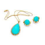 PARURE OF CHOKER AND EARRINGS in yellow gold 18 kts., with turquoises. Diameter earrings, cm. 2,5,