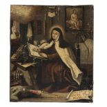 UNKNOWN PAINTER, 17TH CENTURY SAINT TERESA OF AVILA IN THE STUDY Oil on canvas, cm. 31 x 26,5