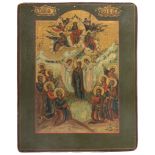 RUSSIAN PAINTER, EARLY 19TH CENTURY ASCENSION OF CHRIST WITH MARY, ANGELS AND APOSTLES Oil icon on