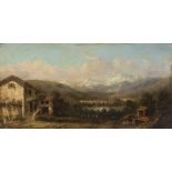 EUROPEAN PAINTER, 19TH CENTURY ALPINE LANDSCAPE WITH LAKE Oil on panel, cm. 18 x 36 Traces of