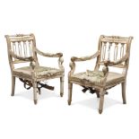 A PAIR OF ARMCHAIRS IN LACQUERED WOOD, PROBABLY NAPLES, EARLY 19TH CENTURY white ground with
