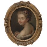 FRENCH PAINTER, 18TH CENTURY YOUNG GIRL WITH GOLDFINCH Oil on oval canvas applied on cardboard cm.