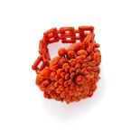 SPLENDID BRACELET in red coral with big central flower surrounded by leaves, roses and buds with