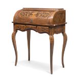 CYLINDER ROLL-TOP DESK, LATE 19TH CENTURY with reserves in pink ebony and inlays of plant motifs