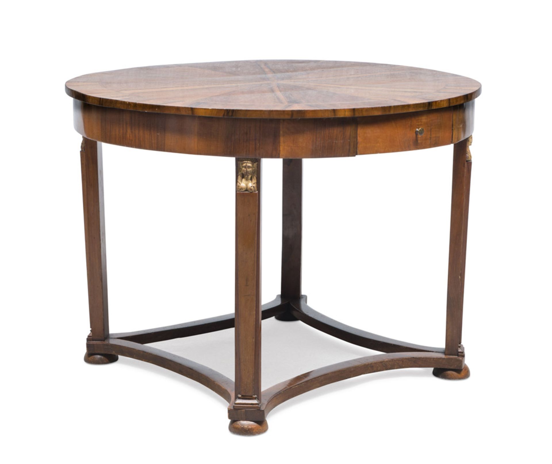 BEAUTIFUL ROUND TABLE IN WALNUT AND BRIAR WALNUT, TOSCAN EMPIRE PERIOD with two drawers in the