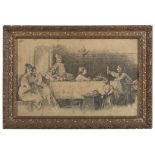 PAINTER 19TH CENTURY RENAISSANCE BANQUET India ink on paper, cm. 24 x 38 Illegible signature on