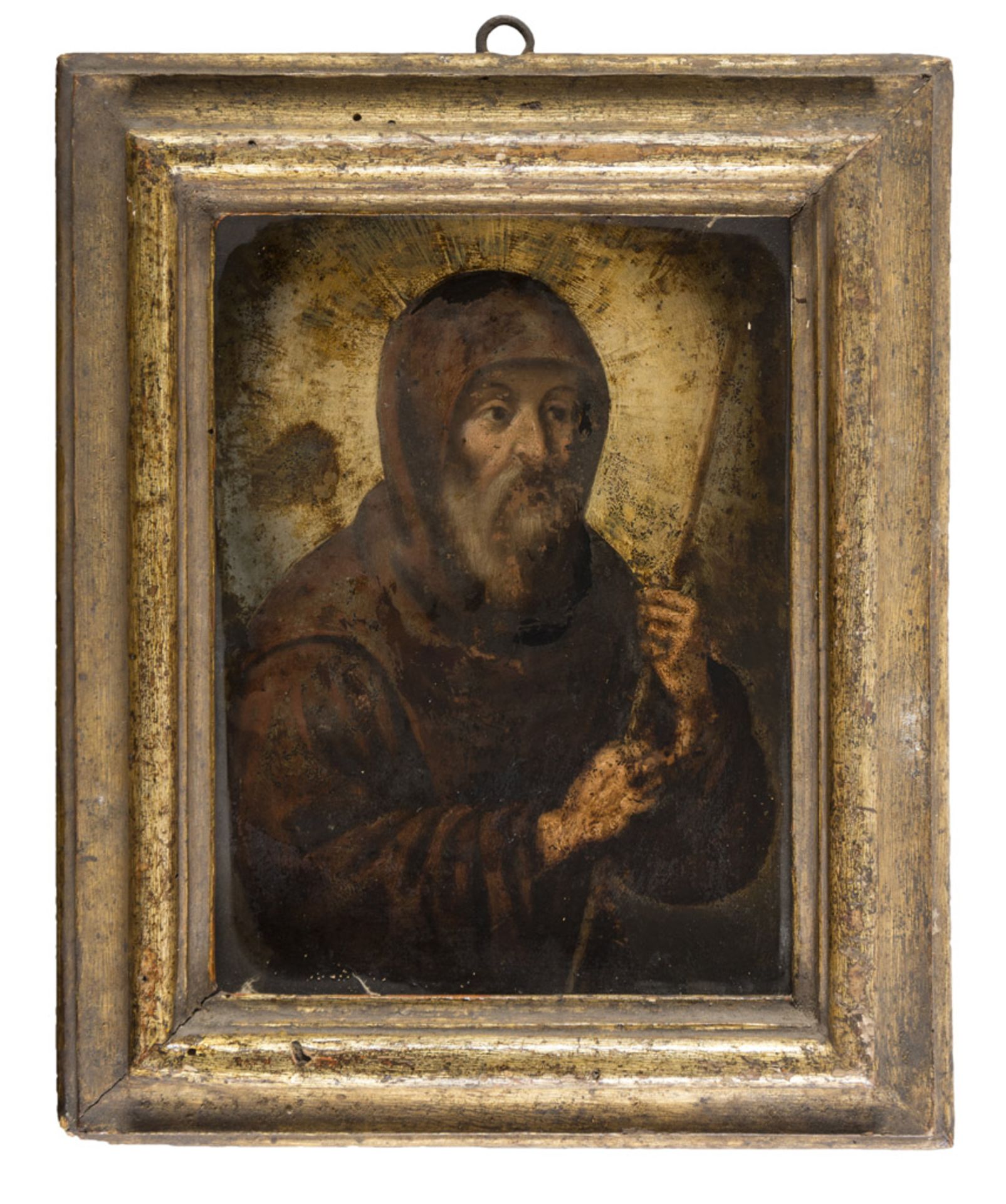 UNKNOWN PAINTER, 17TH CENTURY ST. FRANCIS OF PAOLA Oil on copper, cm. 19 x 14,5 Gilded frame