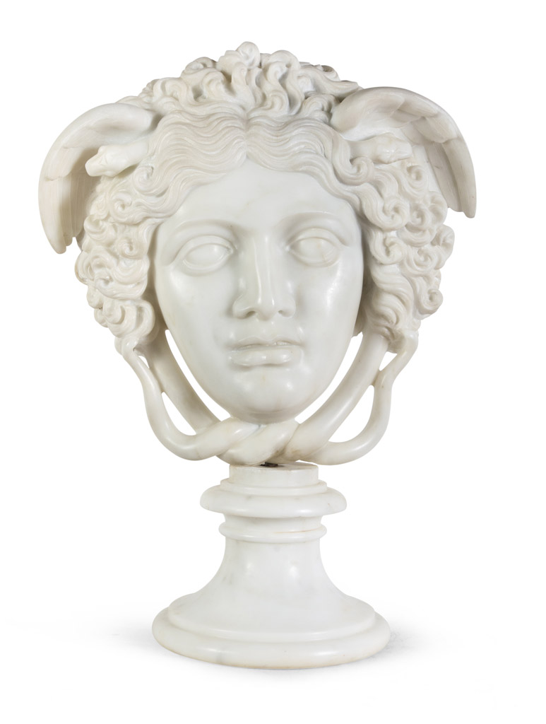 SPLENDID HEAD OF MEDUSA IN WHITE STATUARY MARBLE, 19TH CENTURY with round plinth foot. Measures