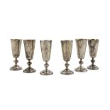 SIX SILVER VODKA BEAKERS, PUNCH MOSCOW 1908/1926 engraved with leaves, inside gilded. Silversmith '