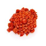 BEAUTIFUL BROOCH in red coral shaped to big flower with leaves, roses and buds on a branch. Mount in