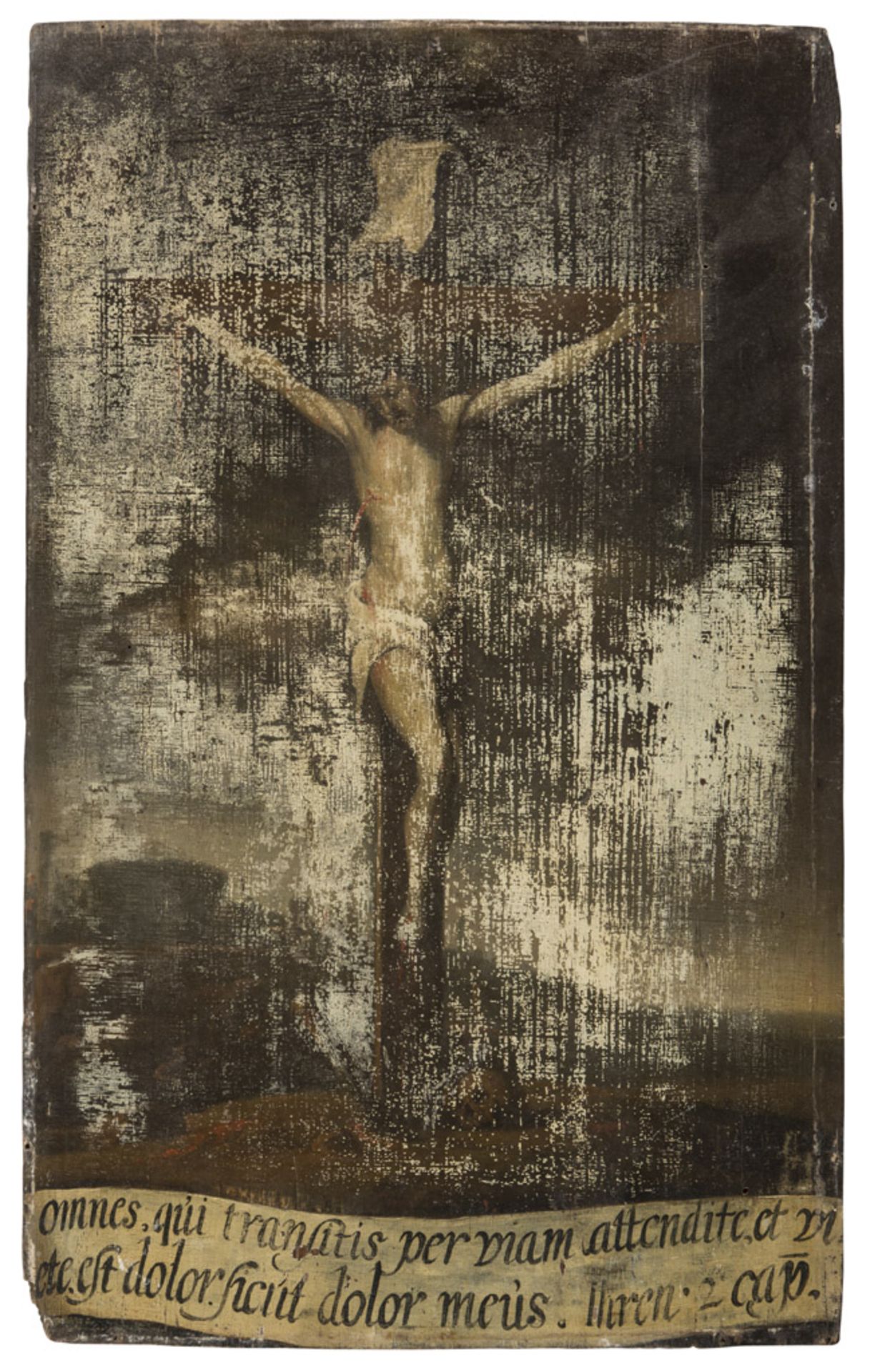 FLEMISH PAINTER, 17TH CENTURY CHRIST CRUCIFIED Oil on concave panel, cm. 41 x 25,3 CONDITIONS OF THE