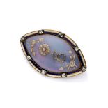 BROOCH mount in yellow gold 14 kts., embellished by pearls and diamonds. Frame with white and blue