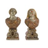 PAIR OF BUST SHRINES, CENTRAL ITALY 18TH CENTURY representing busts of Saints. Silver-plated body,