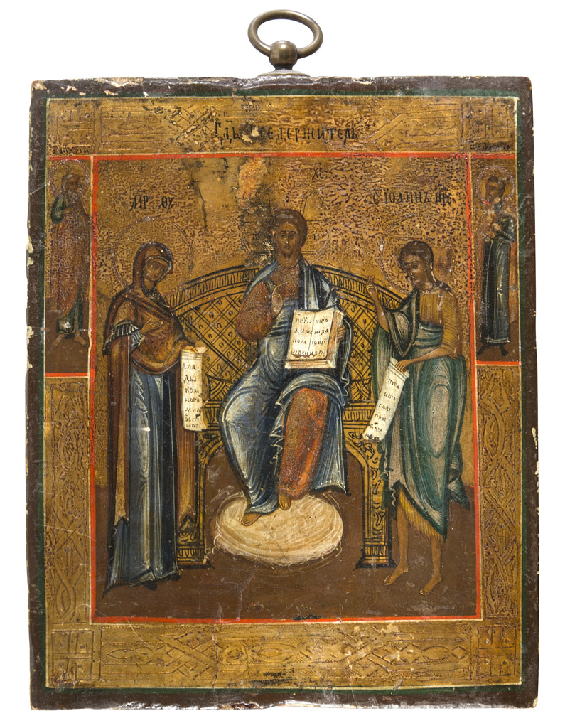 RUSSIAN SCHOOL, LATE 18TH, EARLY 19TH CENTURY DEESIS Tempera on gilt panel, cm. 17,5 x 14 Defects in