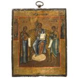 RUSSIAN SCHOOL, LATE 18TH, EARLY 19TH CENTURY DEESIS Tempera on gilt panel, cm. 17,5 x 14 Defects in