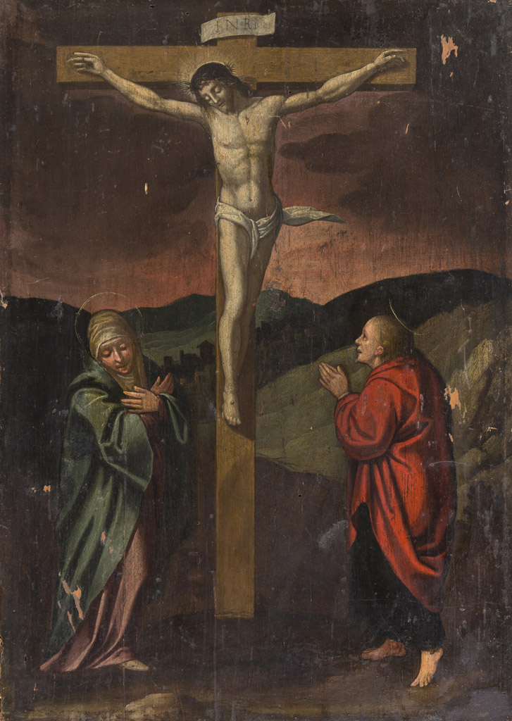 FOLLOWER OF ANDREA FROM SALERNO, 16TH CENTURY THE VIRGIN AND ST. JOHN AT THE FEET OF THE CROSS Oil