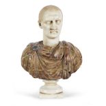 SMALL BUST OF CAESAR, 19TH CENTURY in white statuary marble and African marble. Attic base. Measures