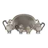 SILVER TEA AND COFFEE SERVICE, PUNCH MILAN 1872/1933 with fluted elements and wooden handles.