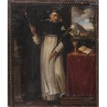 PAINTER EMILIANO, 17TH CENTURY ST. DOMINIC WITH CROSS AND EUCHARIST CHALICE Oil on canvas, cm. 64