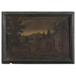 UNKNOWN PAINTER, 18TH CENTURY VIEW OF SMALL VILLAGE Oil on canvas, cm. 34,5 x 51,5 Ebonized frame