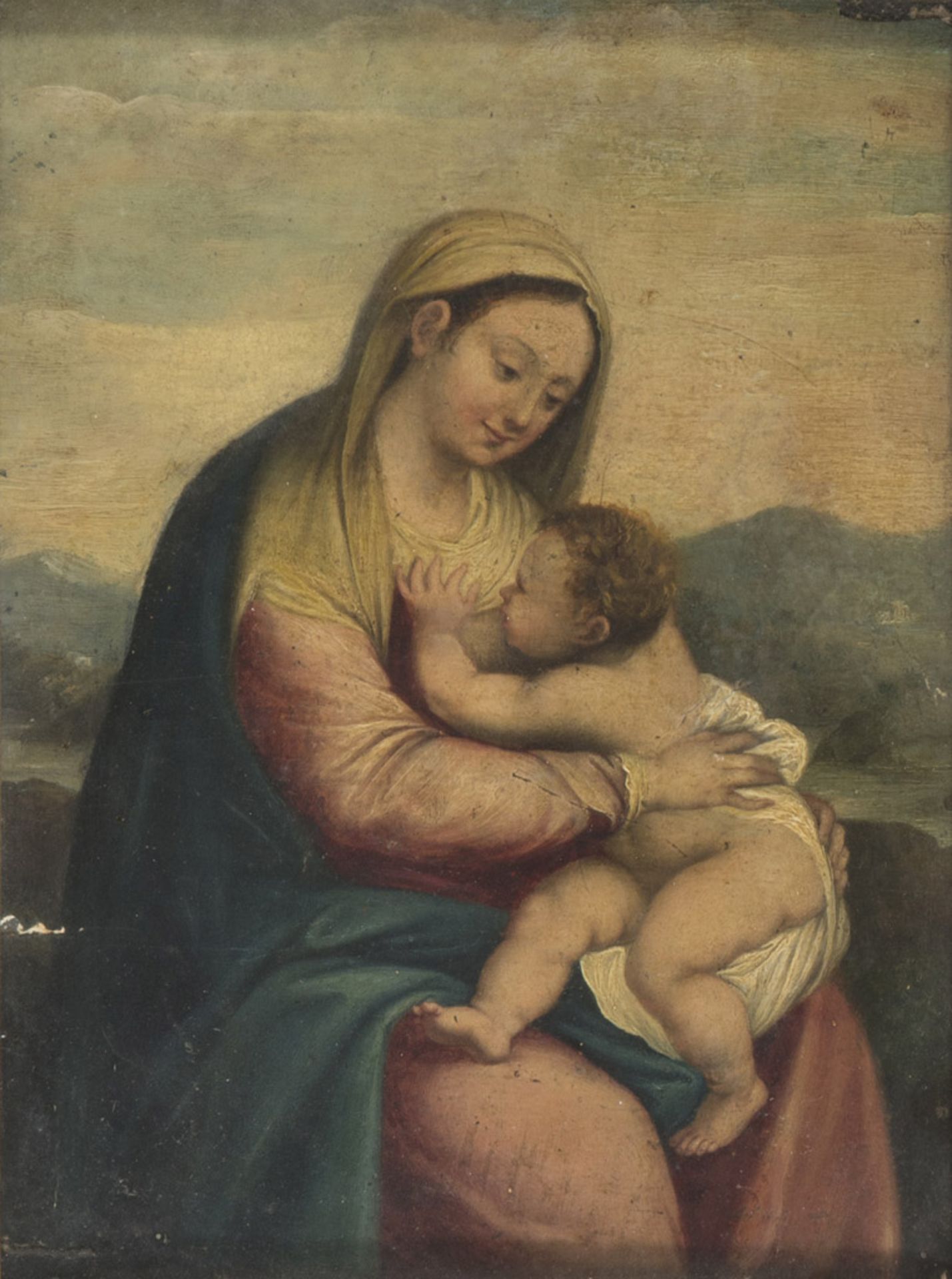 CENTRAL ITALIAN PAINTER, SECOND HALF OF THE 16TH CENTURY VIRGIN AND CHILD IN LANDSCAPE Oil on panel,