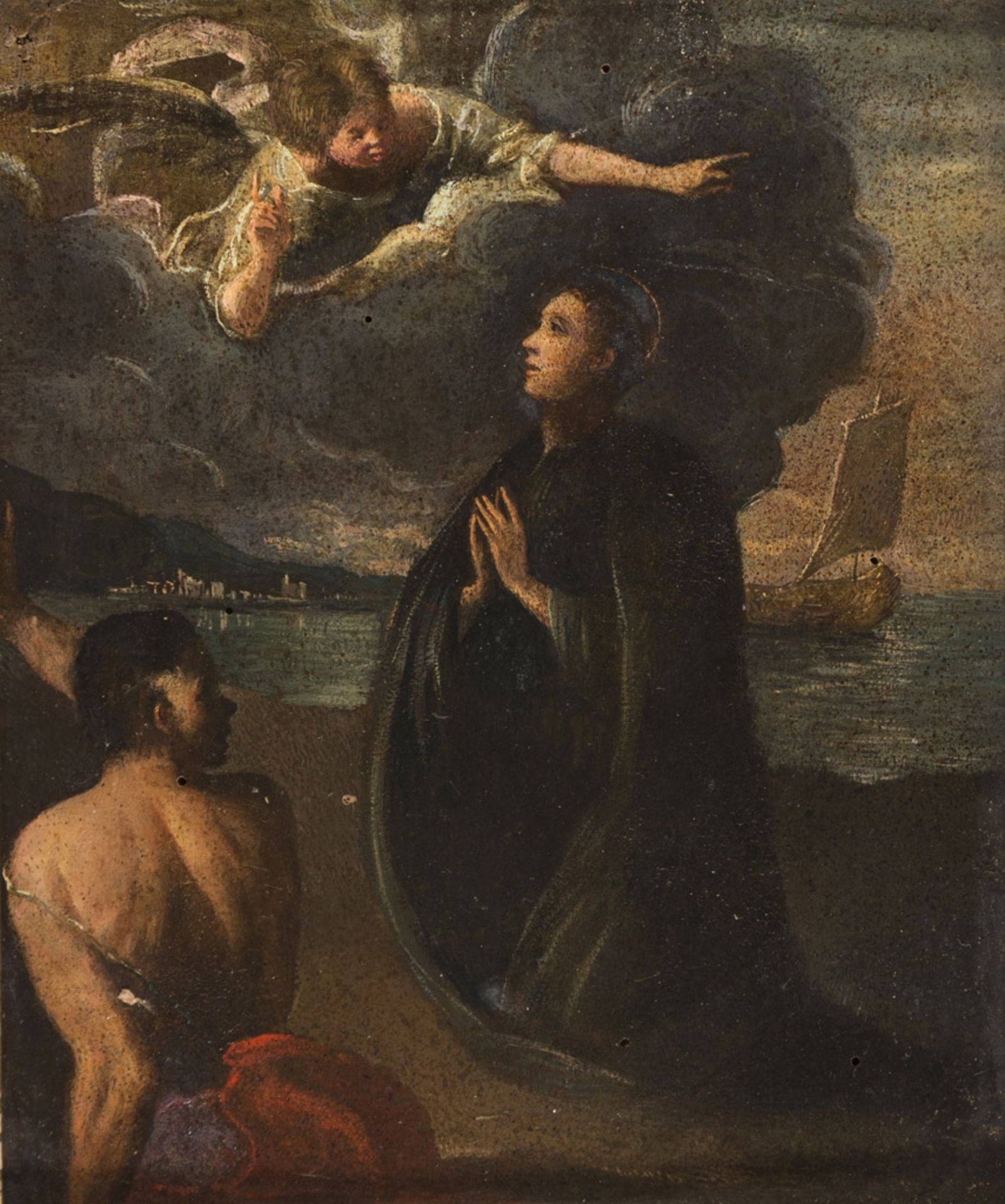 FERRARESE PAINTER, EARLY 17TH CENTURY THE ANGEL INDICATING TO ST. FRANCIS OF PAOLA THE BOAT TO CROSS