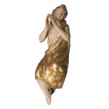 SCULPTURE OF ANGEL IN LACQUERED WOOD, CENTRAL ITALY SECOLO with golden dress and glass eyes. The