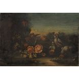 ITALIAN PAINTER, 18TH CENTURY LANDSCAPE WITH FLOWERS AND BIRDIES Oil on canvas, cm. 40 x 57