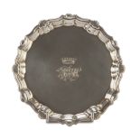 SMALL SILVER SALVER, PUNCH LONDON 1741 dish engraved with initials and royal crown. Moved border