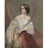 ITALIAN PAINTER, 19TH CENTURY PORTRAIT OF YOUNG WOMAN IN TULLE DRESS Oil on cardboard, cm. 18 x 14