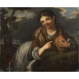 VENETIAN PAINTER, 18TH CENTURY FARMER BOY WITH BREAD FARMER GIRL WITH STRAW-COVERED BOTTLE OF WINE A