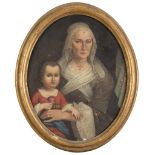 TUSCAN PAINTER, 16TH CENTURY WOMAN'S PORTRAIT WITH CHILD Oil on canvas, oval, cm. 78 x 61,5