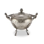 SMALL SUCRIER IN SILVER, PUNCH VICENZA 1944/1968 globular body, handles with figures of putti.