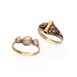 TWO RINGS with mount in yellow gold 14 kts., one with pearl and two rose cut diamonds and one with