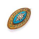 BEAUTIFUL BROOCH in yellow gold 14 kts., decorated with pearls and turquoise enamelled reserve.