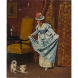 ITALIAN PAINTER, 19TH CENTURY YOUNG GIRL IN INTERIOR WITH LITTLE DOG Oil on canvas, cm. 23 x 19