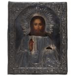 RUSSIAN PAINTER, 19TH CENTURY CRISTO PANTOCRATOR Tempera icon on panel, cm. 27 x 22 Silver-plated