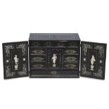 SMALL COIN CABINET IN EBONY, LOMBARDY SECOLO with ivory inlays of plant motifs and figures of